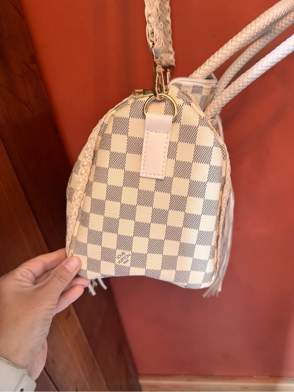 Louis Vuitton Ivory Checkered Satchel with Tassel Accents